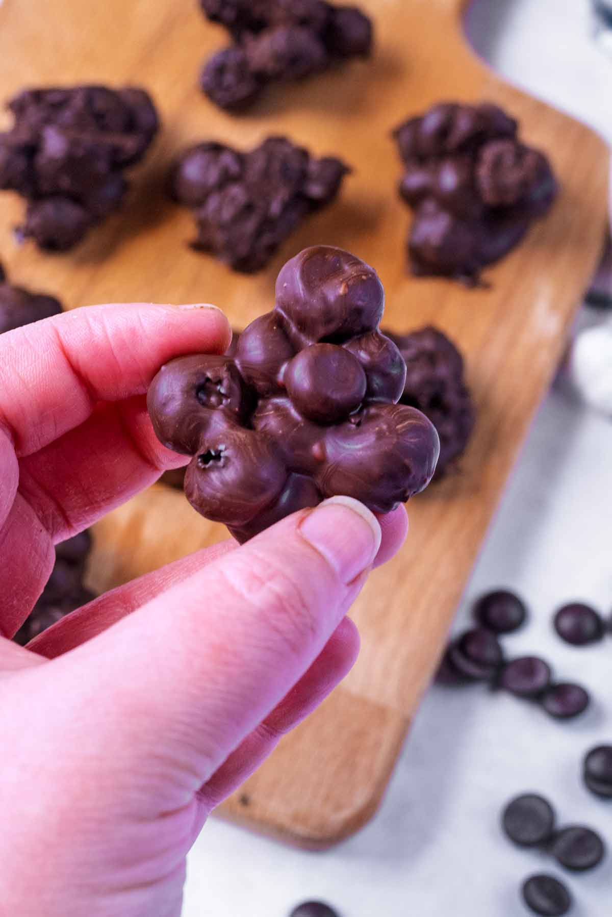 A hand holding a group of blueberries coated in chocolate.