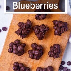 Chocolate covered blueberries with a text title overlay.