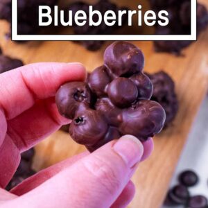 Chocolate covered blueberries with a text title overlay.