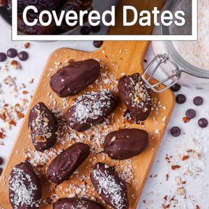 Chocolate covered dates with a text title overlay.