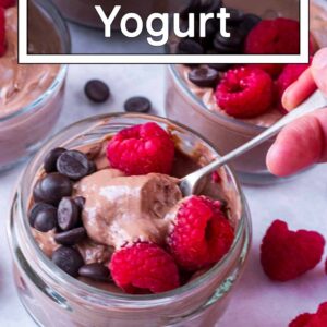 Chocolate yogurt with a text title overlay.
