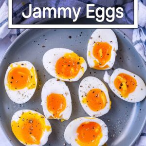 Jammy eggs on a plate with a text title overlay.