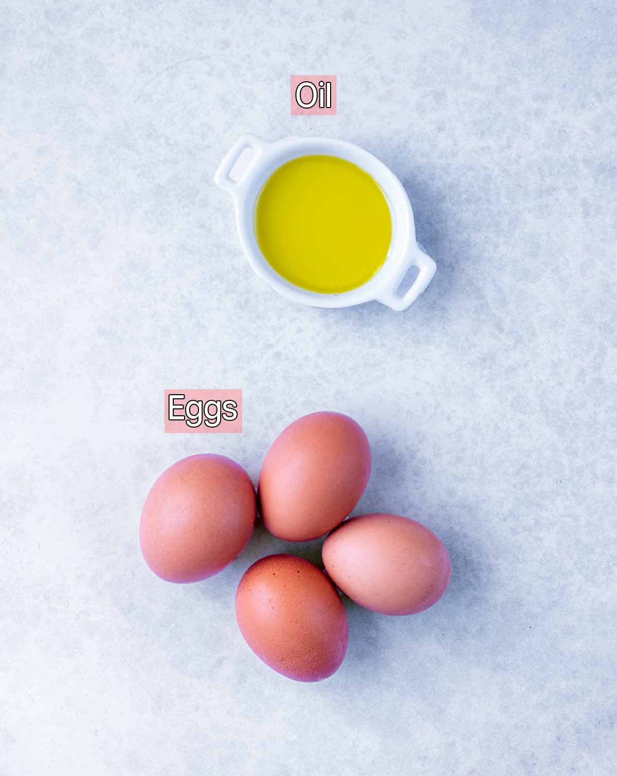 Four eggs and a small dish of oil, both with text labels.