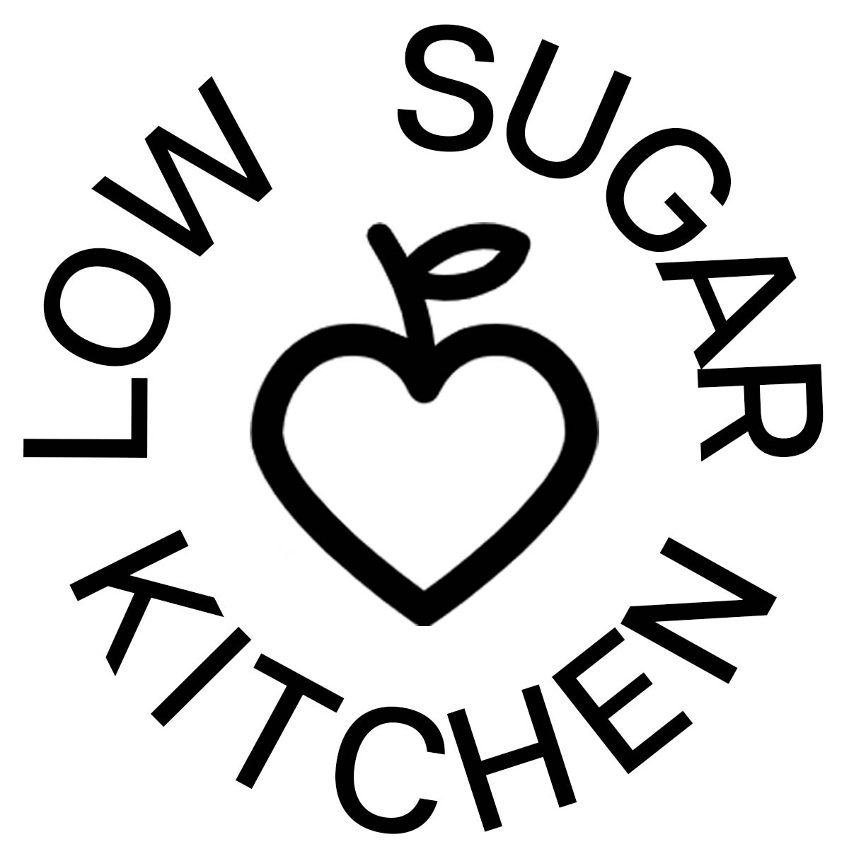 A heart shaped apple icon surrounded by the words low sugar kitchen.
