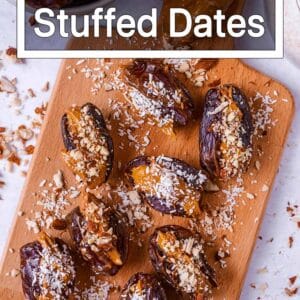 Peanut butter stuffed dates with a text title overlay.