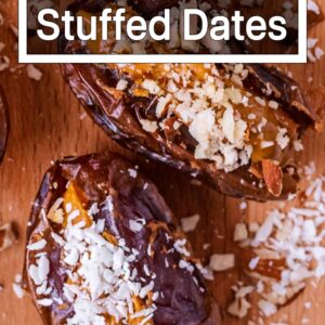 Peanut butter stuffed dates with a text title overlay.