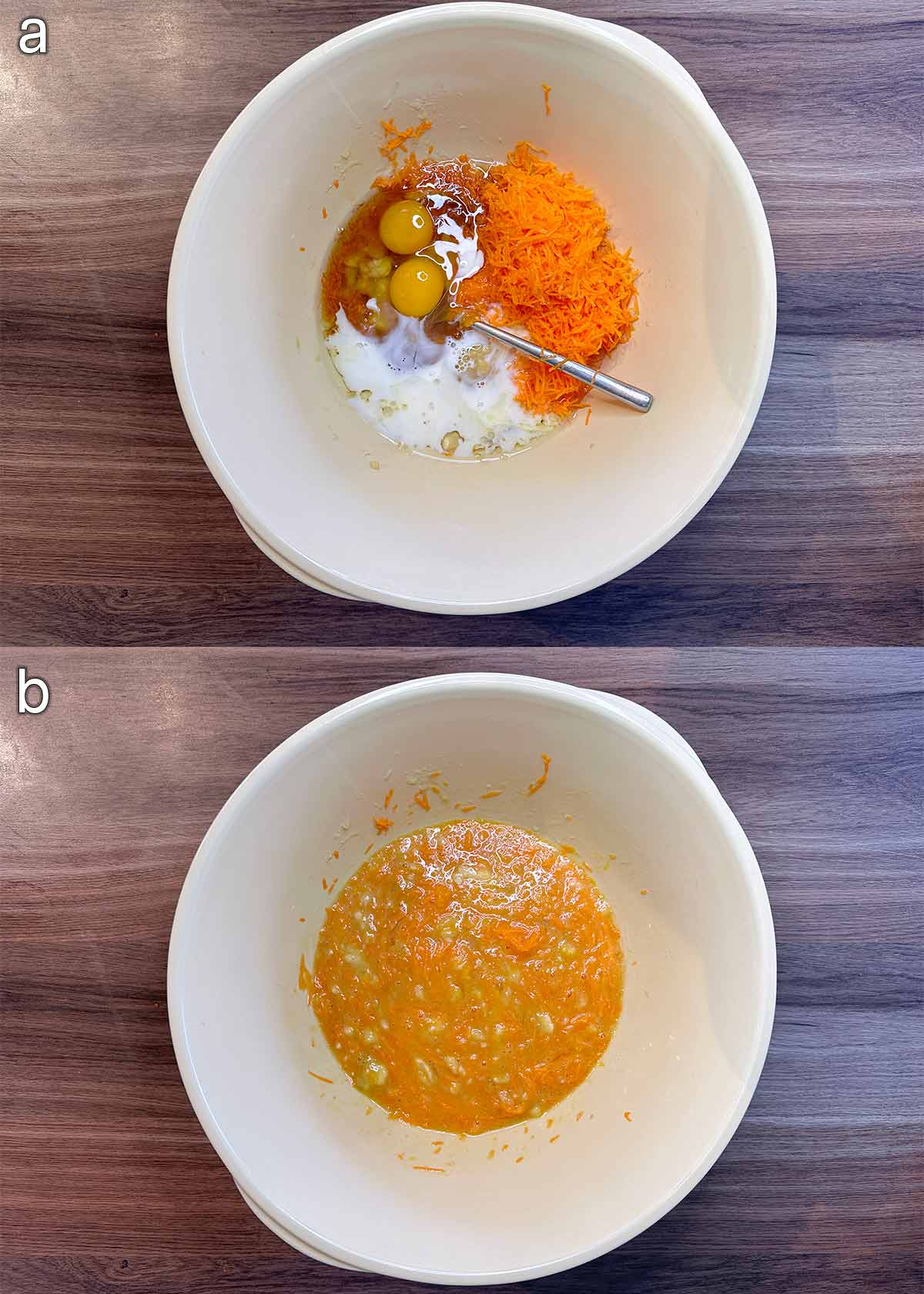 Two shot collage of bananas, oil, grated carrots, milk and maple syrup in a mixing bowl, before and after mixing.