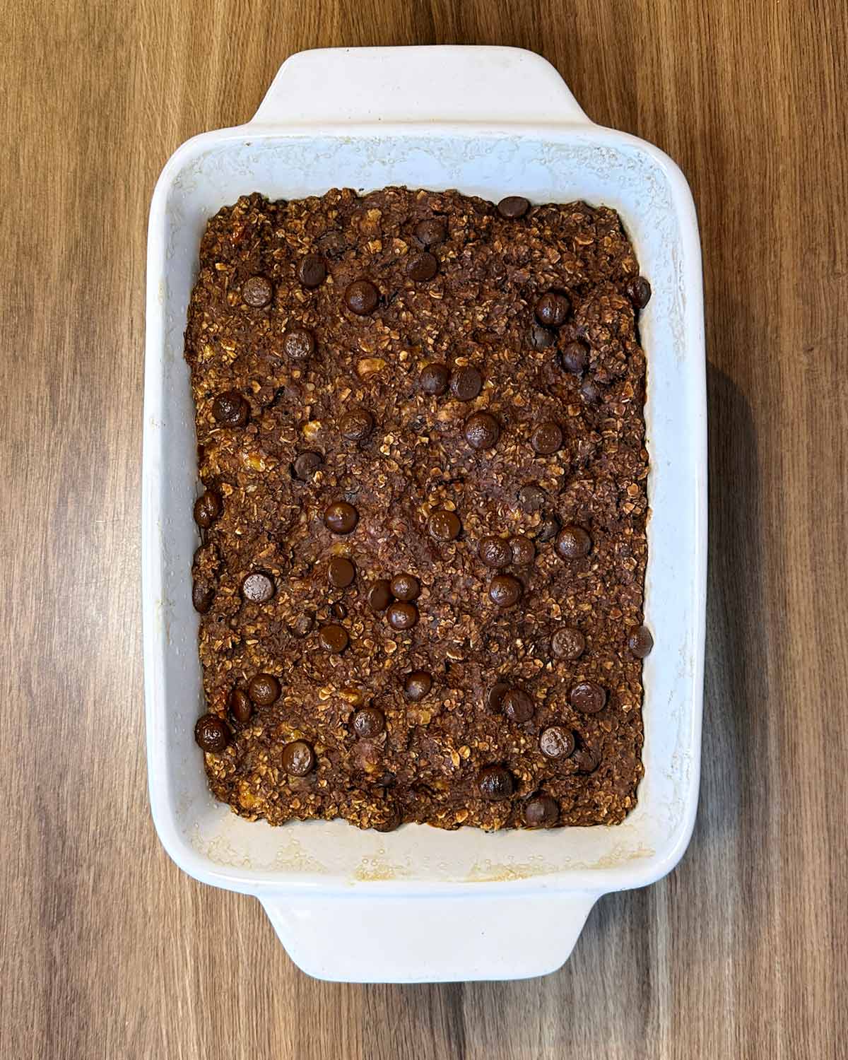 Cooked brownie oatmeal in the baking dish.