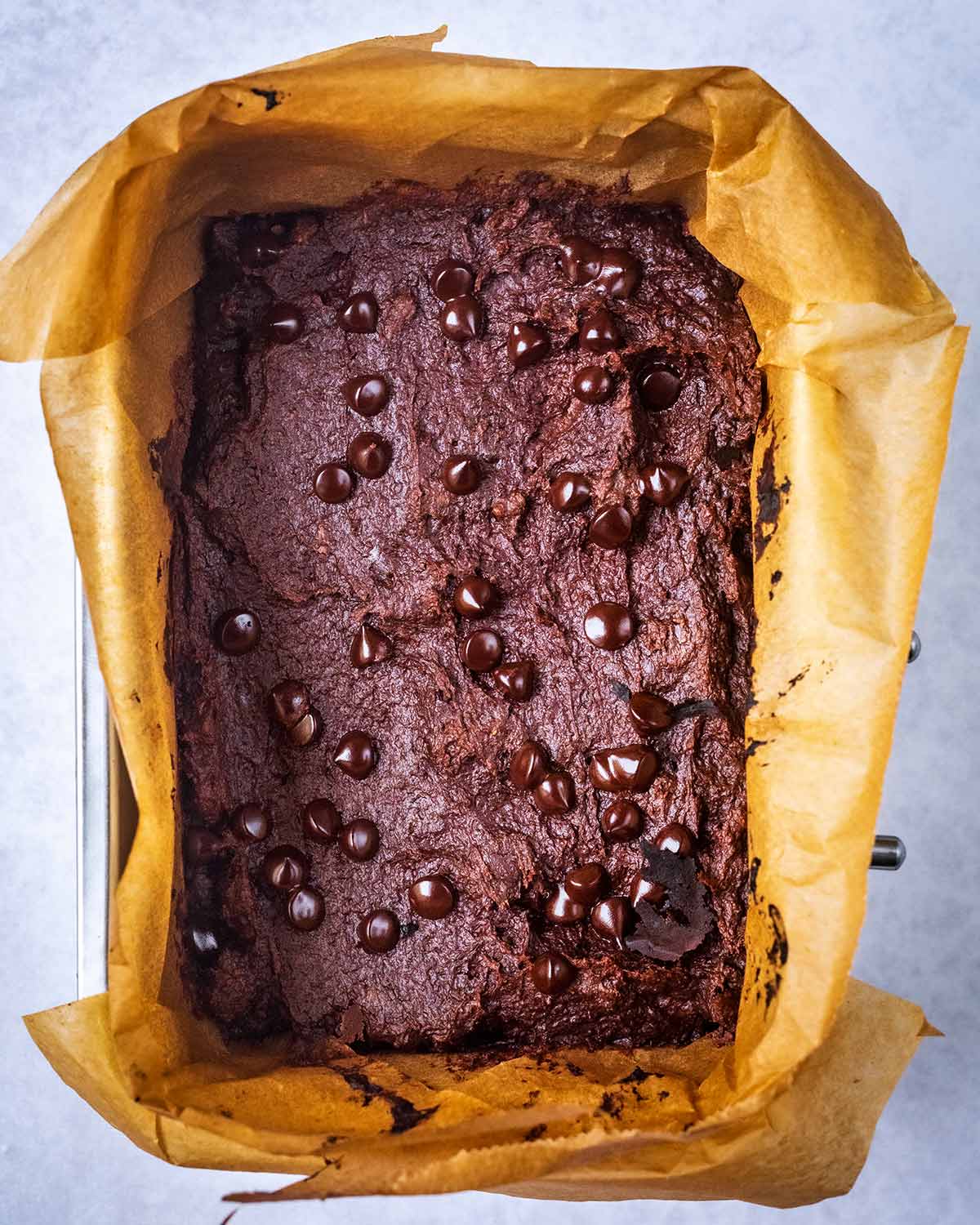 Cooked brownie in the baking tin.