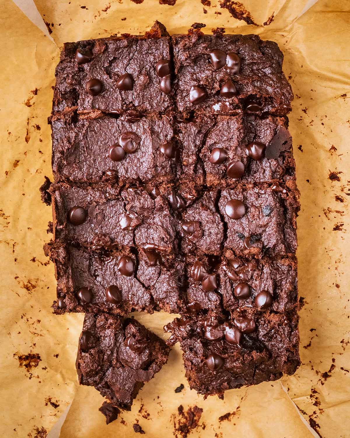 Cooked brownie cut into ten portions.