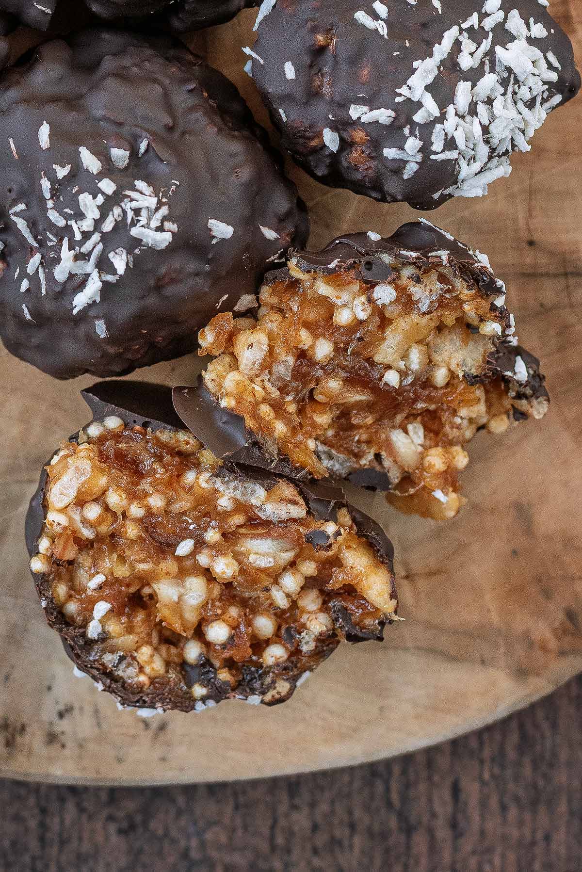 A crispy date ball split in half.