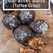 Crispy date caramel balls with a text overlay title.