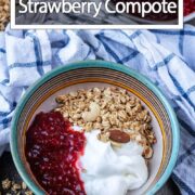 A bowl of strawberry compote with a text overlay title.